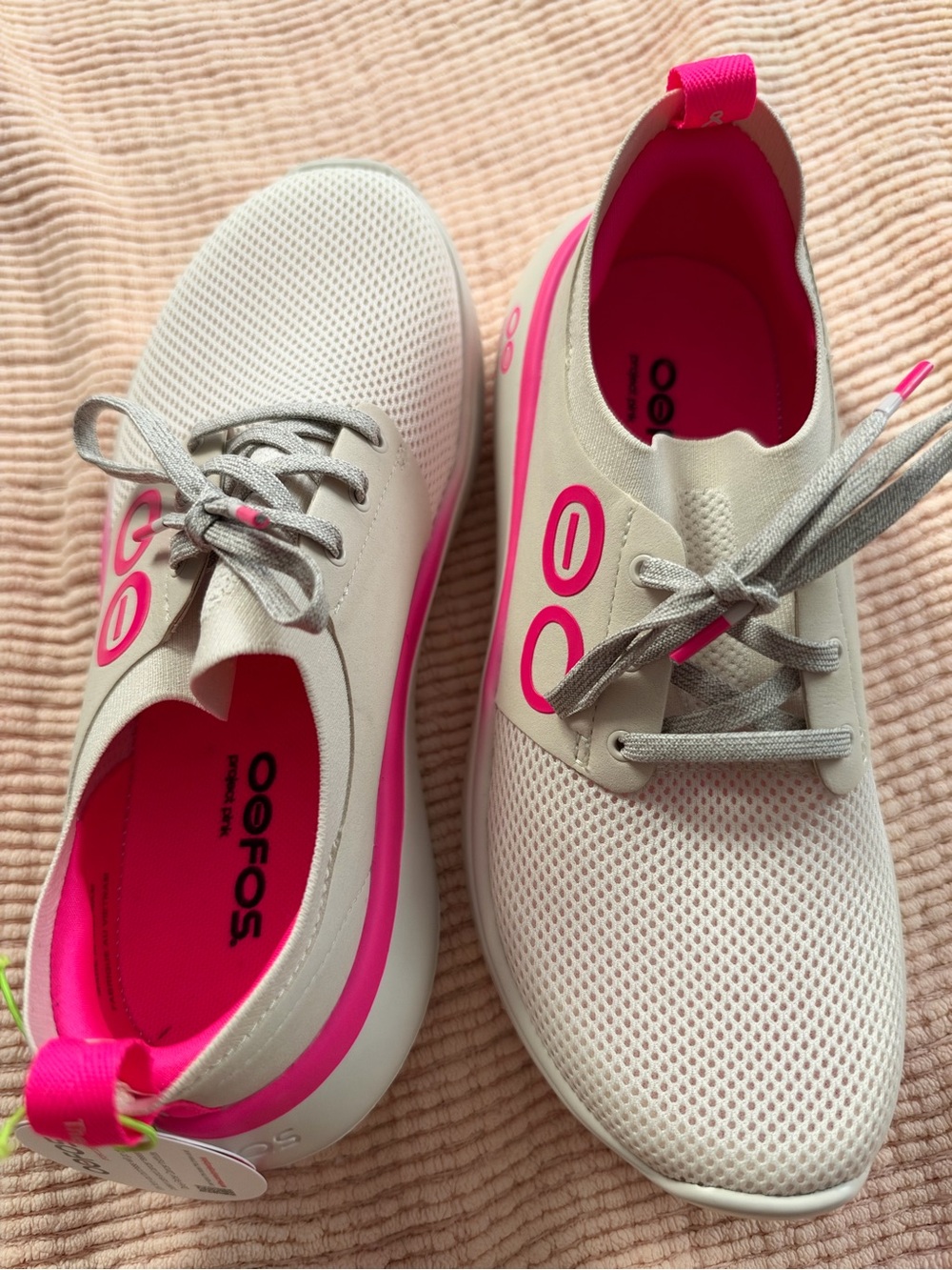 OOFOS Women's Athletic Lace-Up Sneakers in Beige and Hot Pink